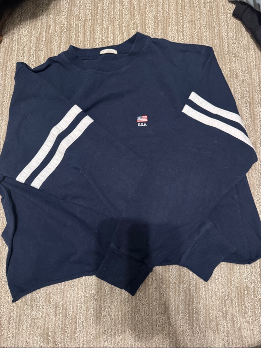 Brandy Melville Navy Crop Top with White Stripe Accents patriotic